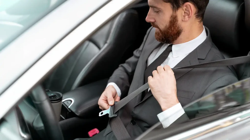 A professional safe driver in a suit fastens his seatbelt in a luxury car, ensuring safety and comfort.