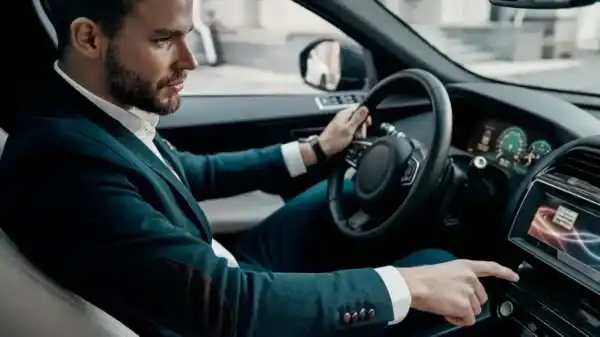 Chauffeur in a suit, focused on driving a car, with a clean, modern interior. Chauffeur Service in Dubai