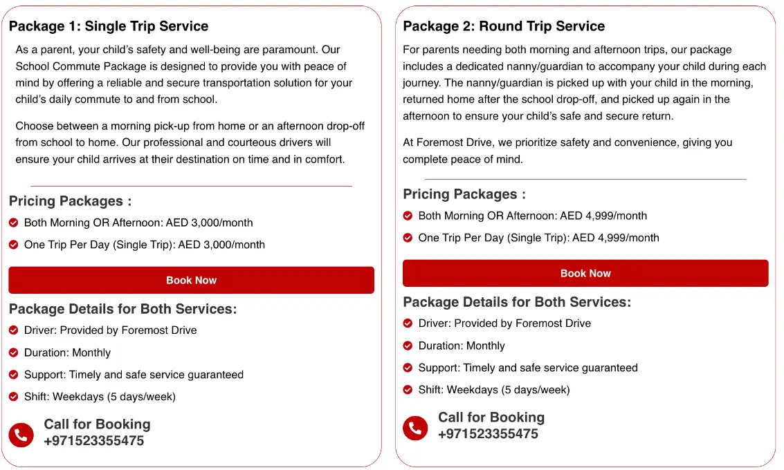 School driver service Dubai pricing packages showing single trip and round trip options with monthly costs, child transport safety features and Foremost Drive service details