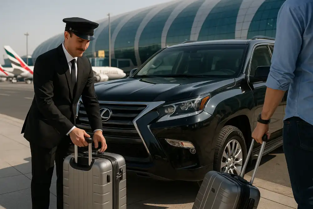 Professional chauffeur in Dubai assisting traveler with luggage at airport beside luxury Lexus SUV, representing reliable airport transfer and premium chauffeur services.