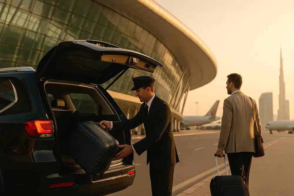 Professional chauffeur in Dubai loading luggage into luxury SUV at airport terminal while business traveler with suitcase prepares for premium airport transfer service.