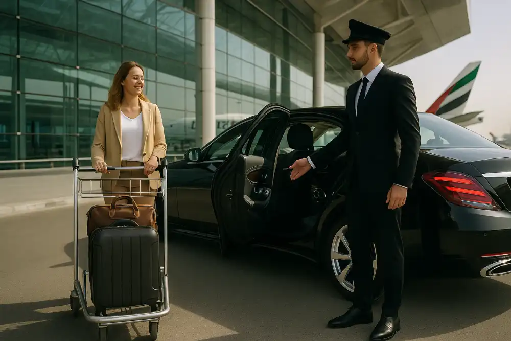 Professional chauffeur in Dubai holding car door open for smiling female traveler with luggage trolley at airport terminal, offering luxury airport pick-up service.