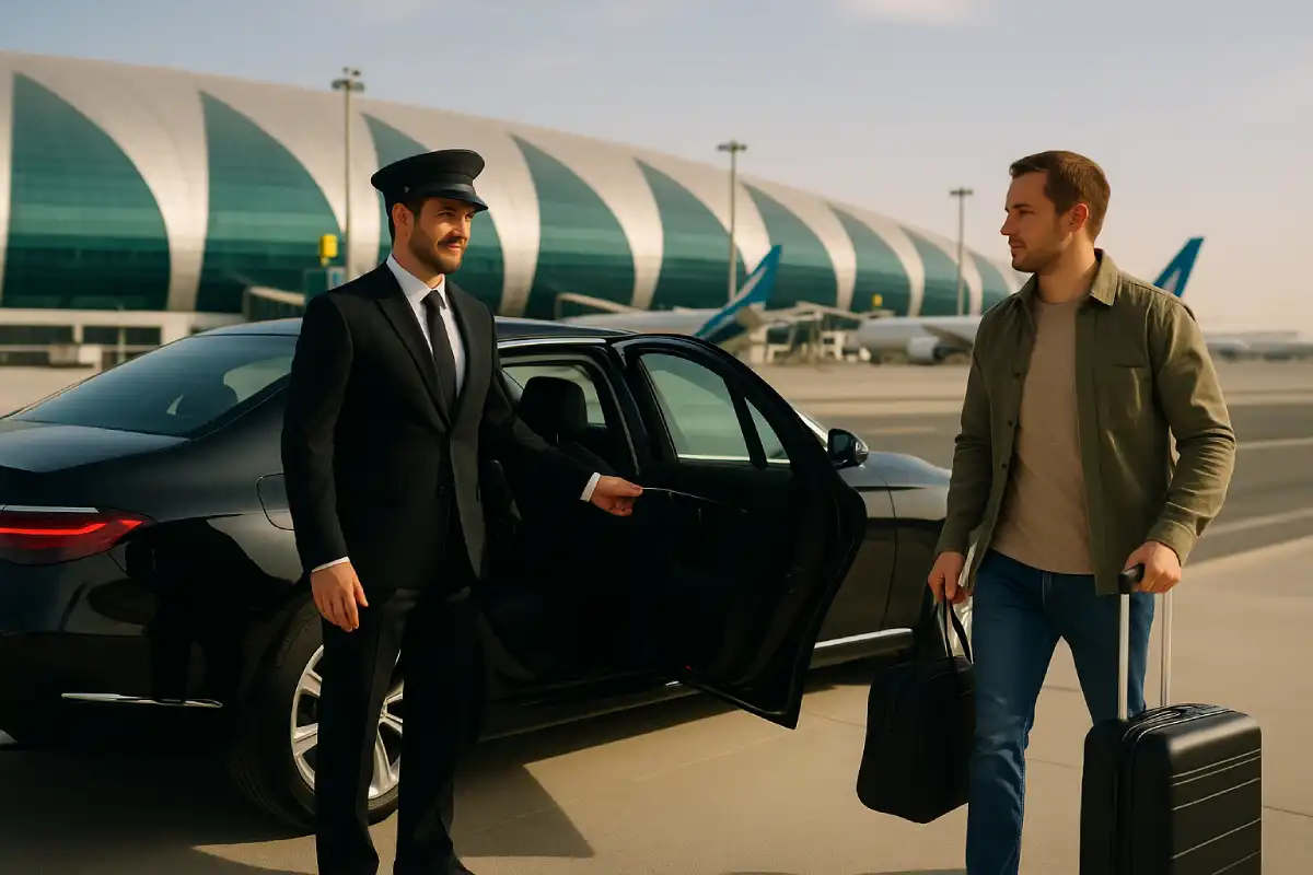Professional chauffeur at Dubai airport holding car door open for arriving passenger with luggage, offering premium airport pick-up and drop-off driver services.