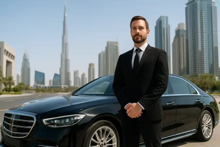 “Professional monthly driver in Dubai standing beside luxury black Mercedes with Burj Khalifa skyline in background, representing premium chauffeur services for business and personal use.”