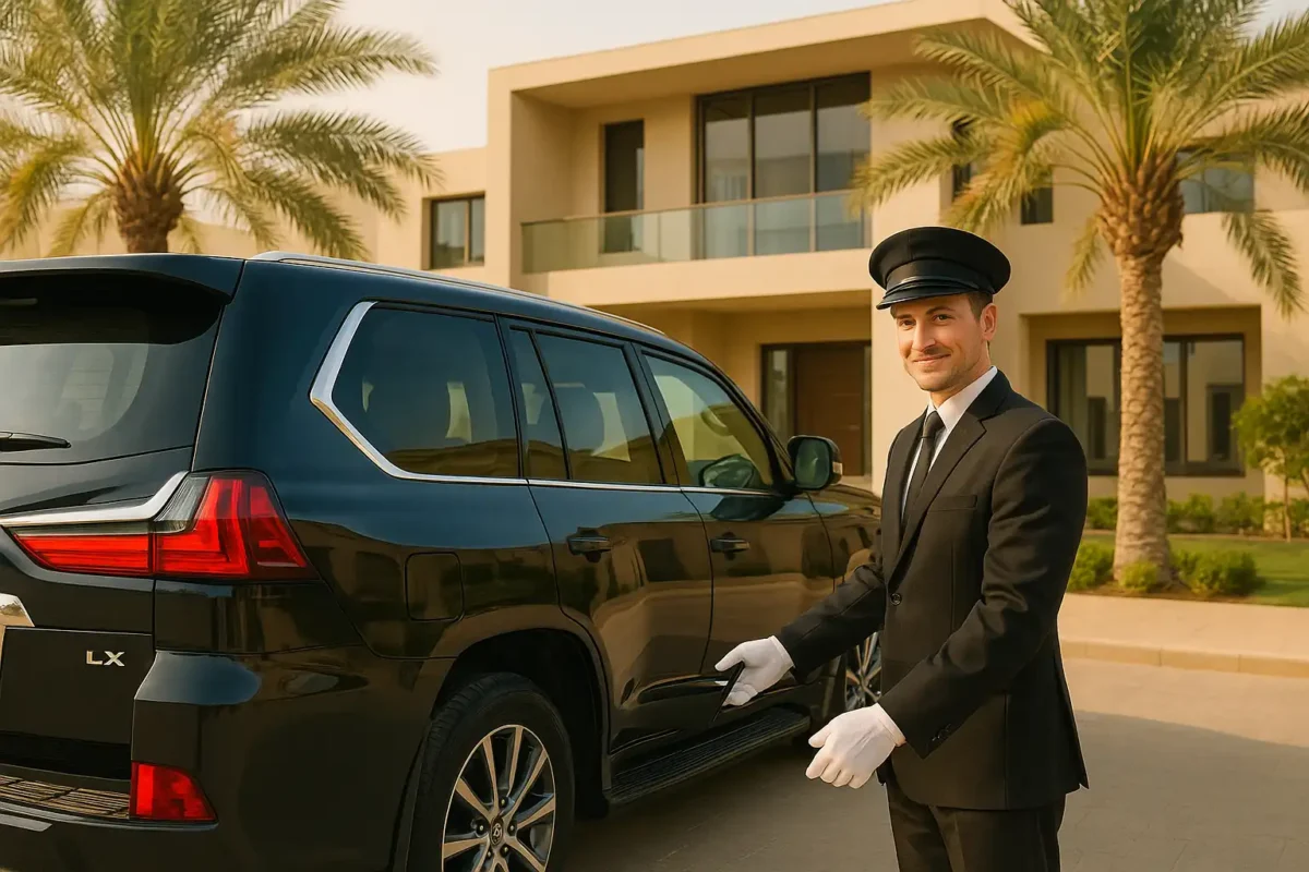 Professional personal driver in Dubai standing beside luxury black SUV at residential villa, offering premium chauffeur services for families and individuals.