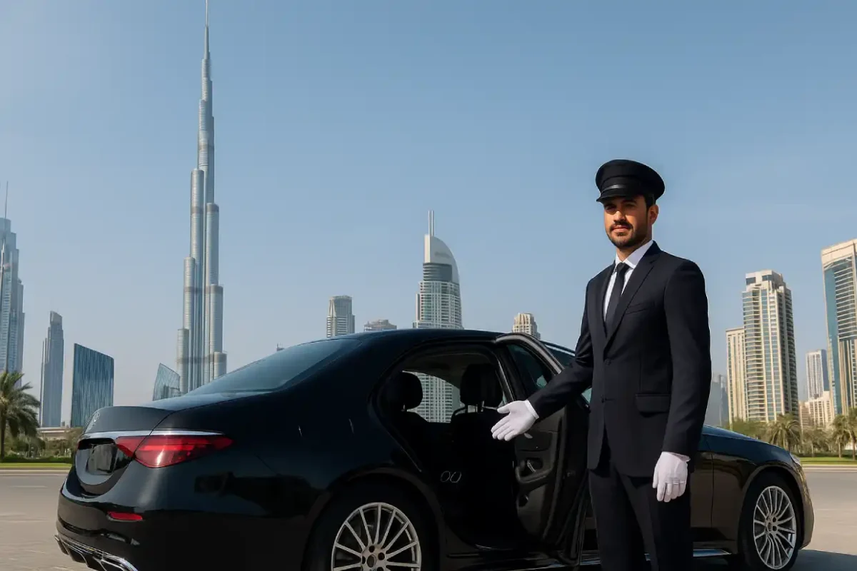 “Professional chauffeur in Dubai standing beside luxury black car with Burj Khalifa skyline, offering premium monthly driver services for business and families.”