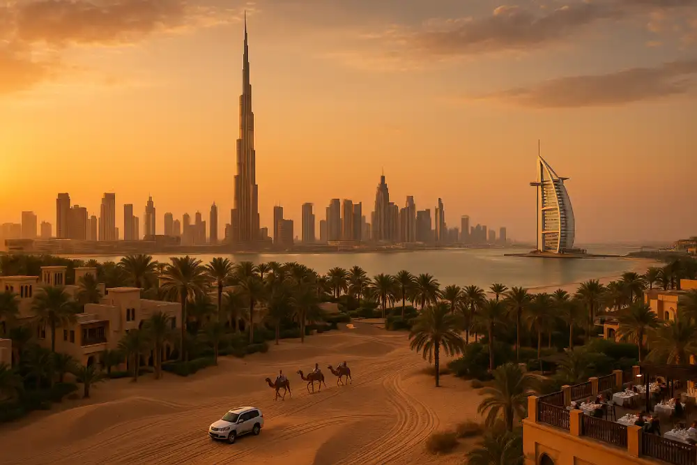 Luxury chauffeur service in Dubai with city skyline view at sunset featuring Burj Khalifa, Burj Al Arab, desert drive, and premium travel experience.