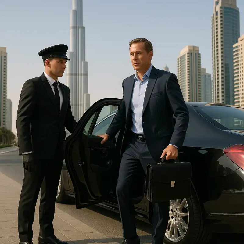 Professional corporate chauffeur in Dubai assisting businessman exiting luxury black car with Burj Khalifa skyline in background, offering executive chauffeur services.