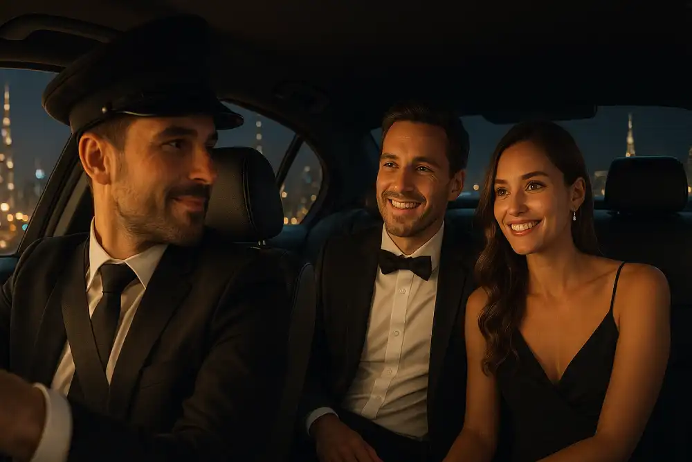 Smiling couple in evening attire enjoying safe ride home with professional chauffeur in Dubai, representing reliable sober driver services after events and parties.
