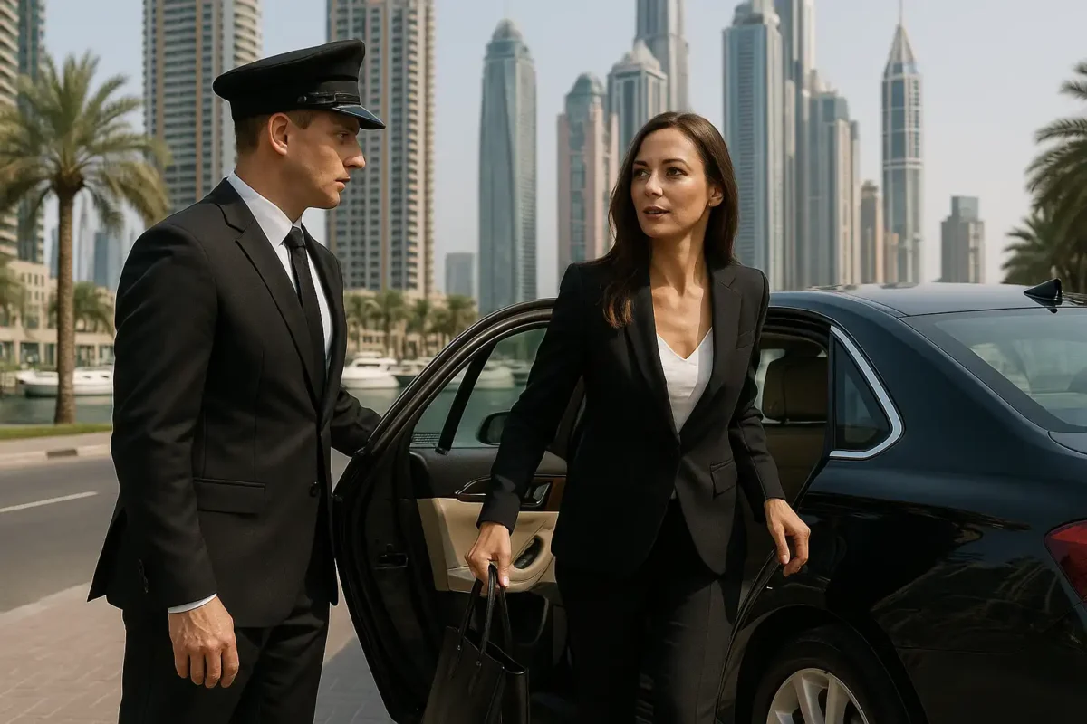 Chauffeur opens car door for businesswoman in city. She steps out in a black suit, handbag in hand, showing luxury hourly driver service.