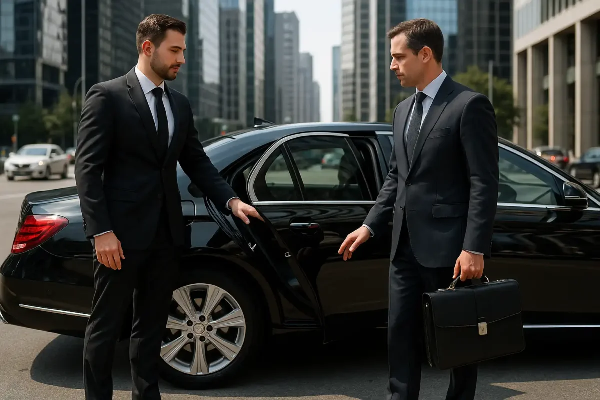 Business chauffeur in suit opening car door for executive client with briefcase, luxury black sedan, city background.