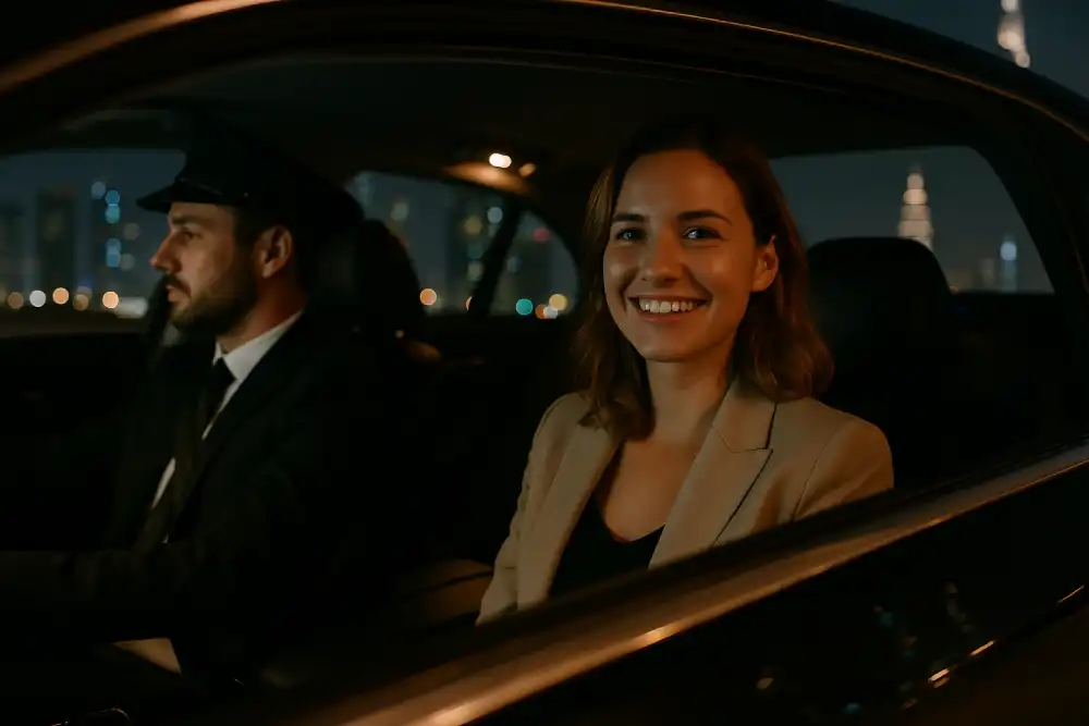 Smiling female passenger in backseat of luxury car at night with professional chauffeur driving, representing safe driver and personal chauffeur services in Dubai.