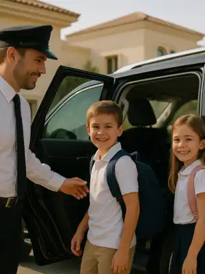 “Professional school driver in Dubai helping two smiling children with backpacks enter a black SUV, providing safe and reliable daily pick-up and drop-off.”