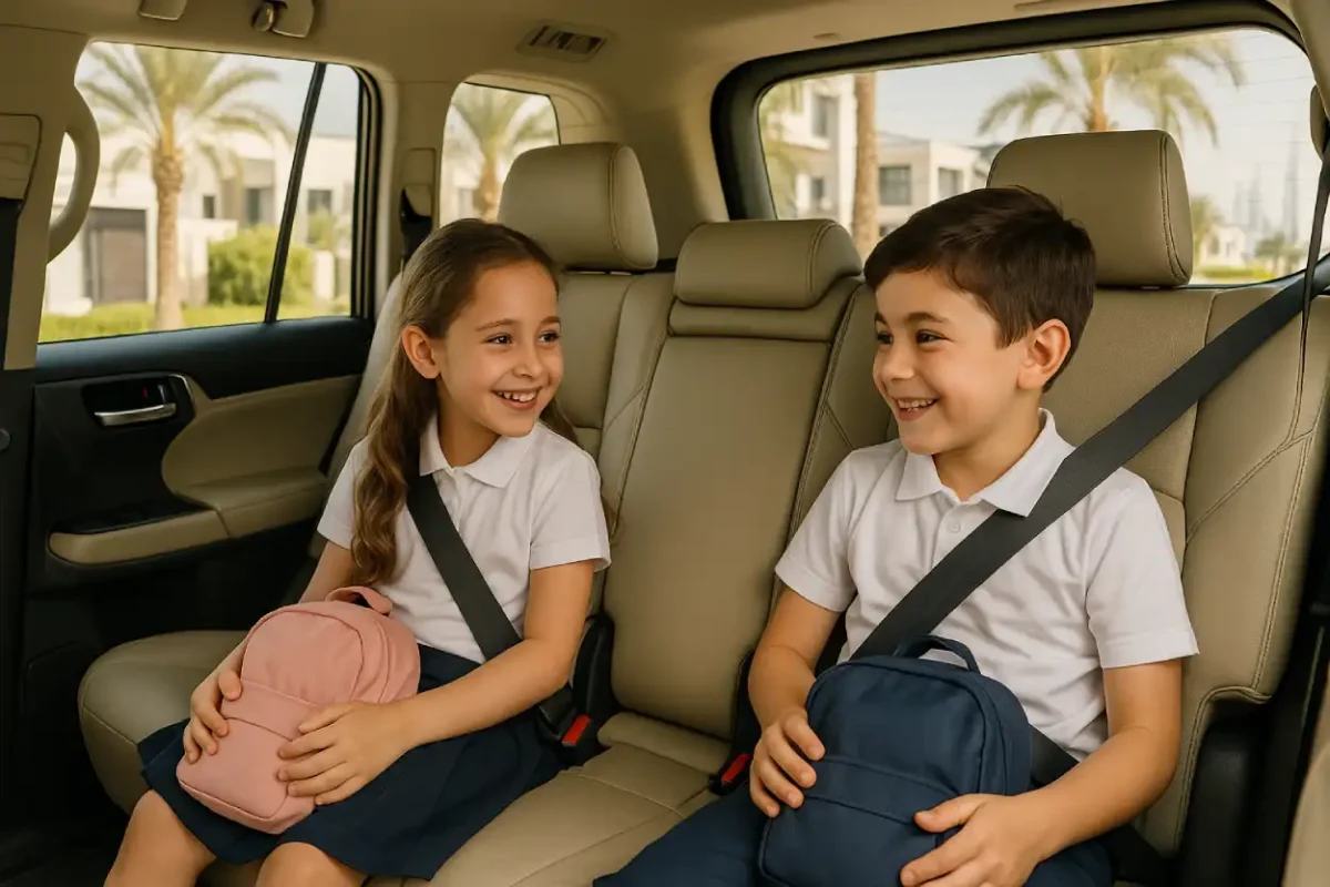 “Two smiling school children wearing uniforms and seatbelts sitting safely inside a car, representing secure and reliable daily school driver services.”