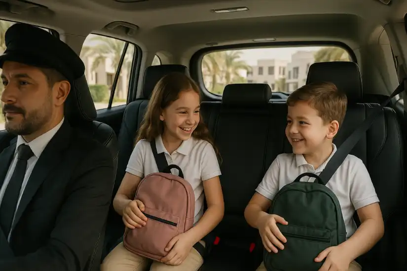 Professional school driver in Dubai safely transporting two smiling children with backpacks, seated with seatbelts in a black SUV during school run.