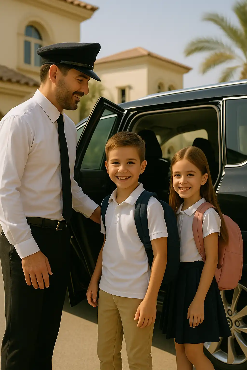 “Professional school driver in Dubai helping two smiling children with backpacks enter a black SUV, providing safe and reliable daily pick-up and drop-off.”
