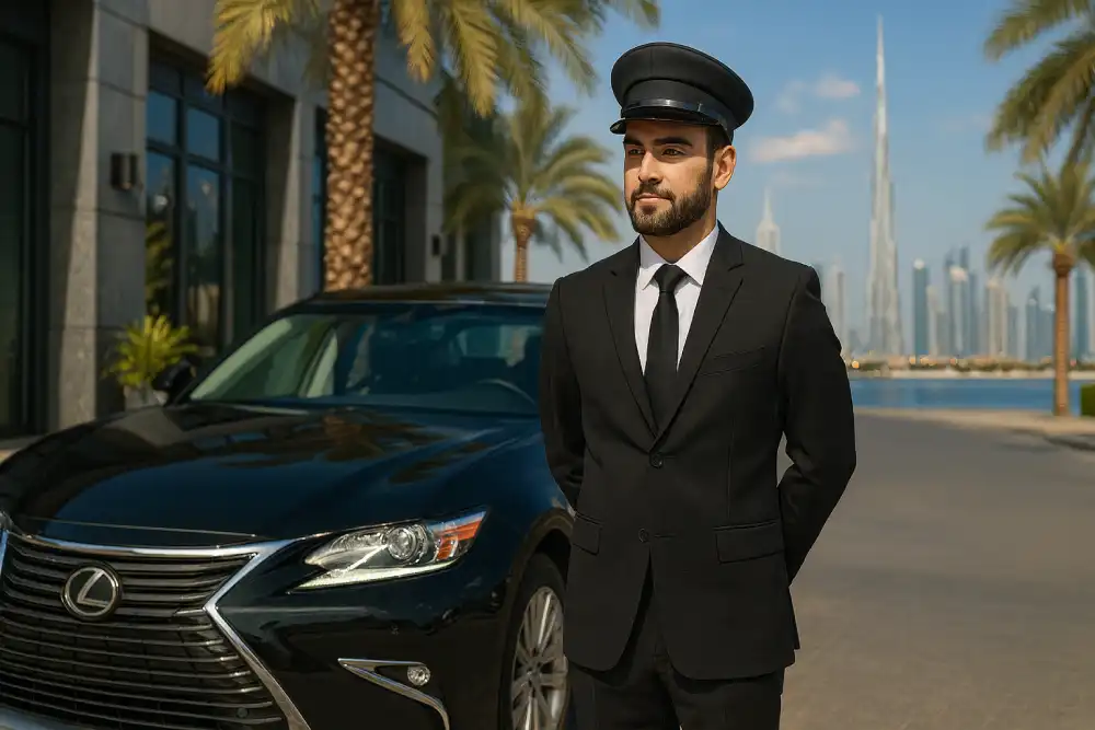“Professional chauffeur in Dubai standing beside luxury Lexus car with Burj Khalifa skyline, offering reliable sober driver services for safe travel.”