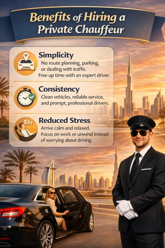 Professional private chauffeur in black suit and cap standing beside luxury car with female passenger in Dubai skyline at sunset, highlighting benefits of hiring a private chauffeur including simplicity, consistency, and reduced stress.