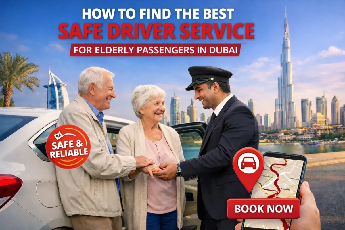 Safe driver helping elderly couple into their car in Dubai with skyline background and booking app illustration