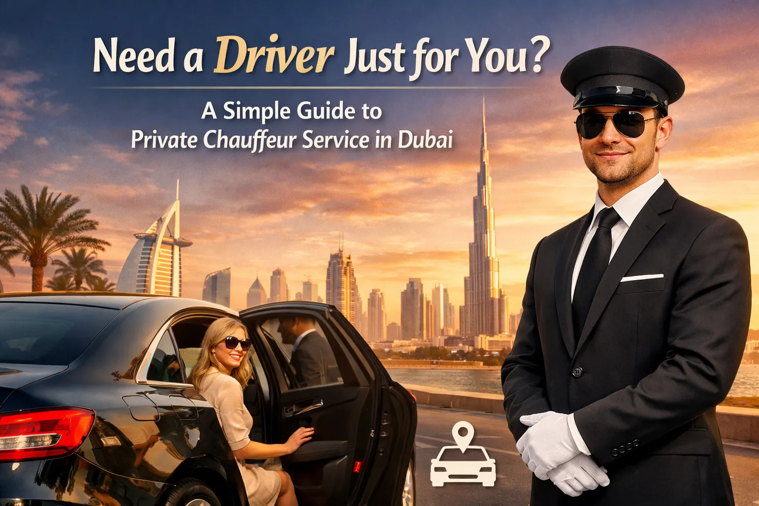Professional private chauffeur in black suit and cap standing beside a luxury black sedan with a female passenger entering the car, Dubai skyline with Burj Khalifa at sunset in the background, promotional banner for private chauffeur service in Dubai.