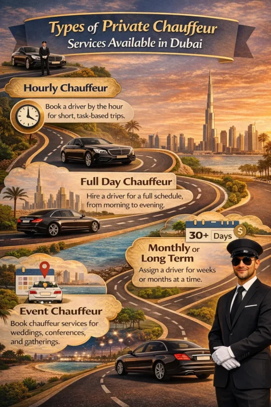Infographic showing different types of private chauffeur services in Dubai, including hourly, full-day, monthly or long-term, and event chauffeur options, illustrated with a winding road layout, luxury sedans, a professional chauffeur in uniform, and the Dubai skyline with Burj Khalifa in the background.