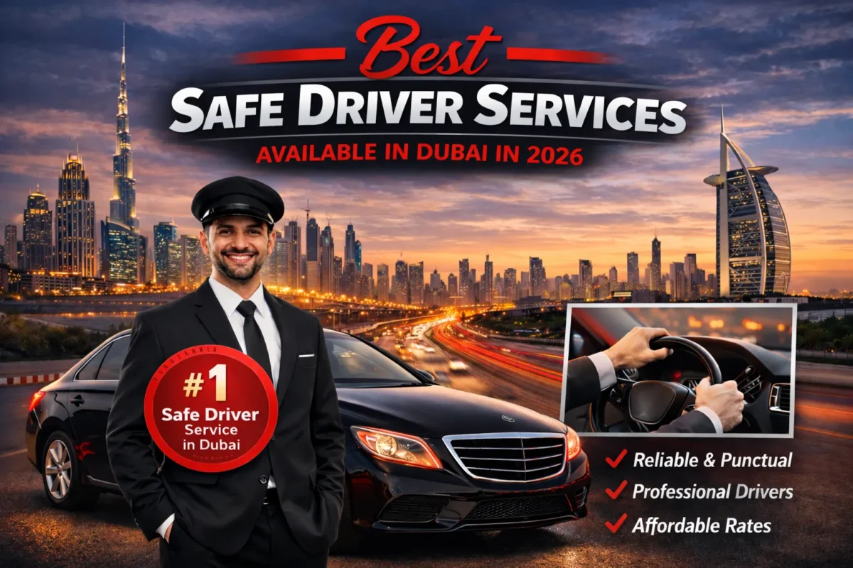 professional safe driver service in Dubai chauffeur standing beside car at night city background