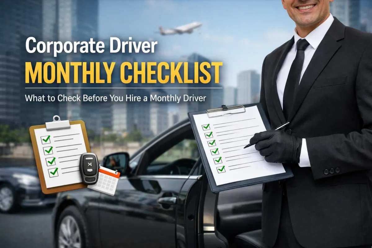 Professional corporate driver holding a checklist beside a black car representing a monthly driver hiring checklist for business transport services
