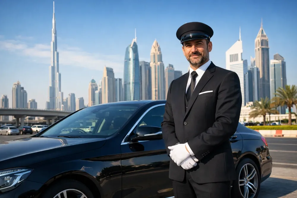 Professional chauffeur standing beside a luxury car in Dubai skyline, representing monthly driver service for safe and reliable transportation