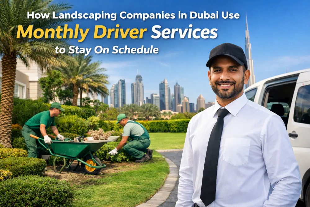 Landscaping workers in Dubai with professional driver service using company vehicle for site visits
