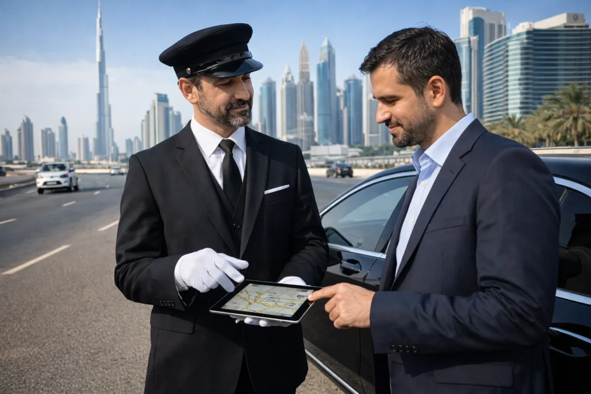 Professional chauffeur discussing route with client using tablet in Dubai, representing monthly driver service and route planning