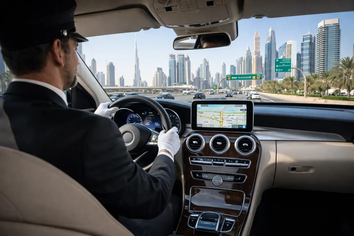 Professional driver driving on Dubai highway with skyline view, demonstrating safe driving standards and navigation expertise