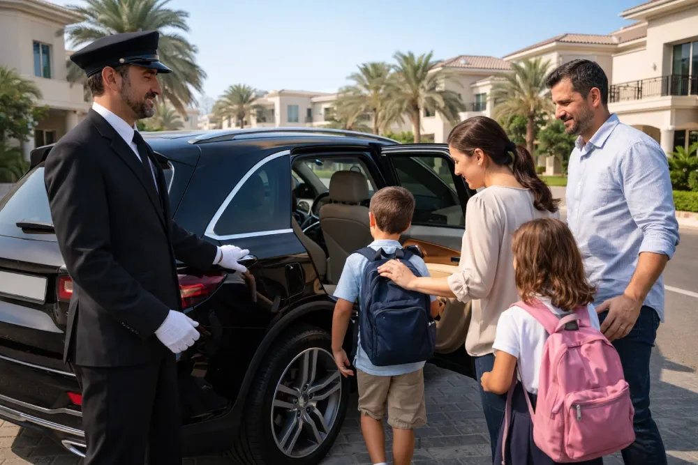 Professional driver assisting children and parents during school pickup from a residential area, safe and reliable family driver service in Dubai