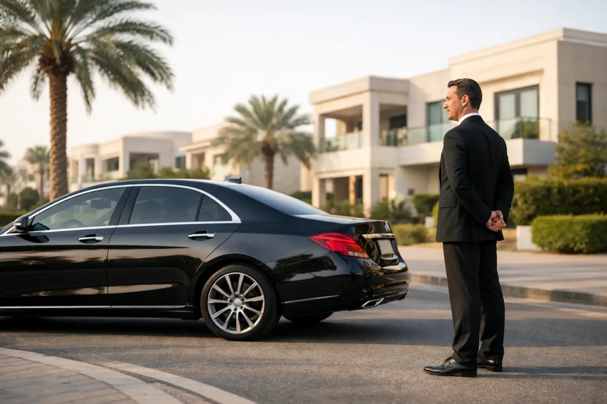 Professional chauffeur in black suit standing beside a black luxury sedan on a quiet Dubai residential street with modern villas and palm trees in soft morning light