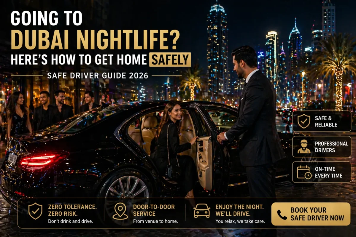 Luxury chauffeur assisting passenger into car with Dubai skyline and nightlife scene