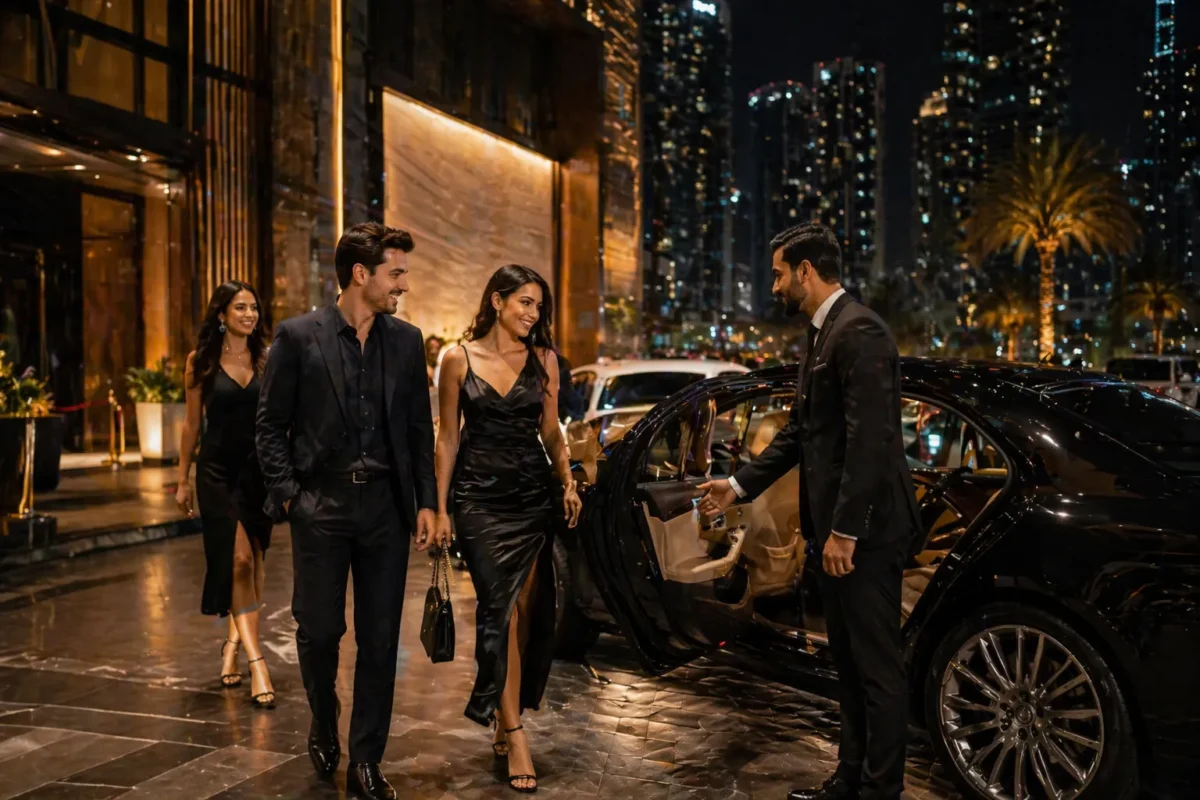 Group leaving nightclub and entering luxury car with chauffeur in Dubai at night