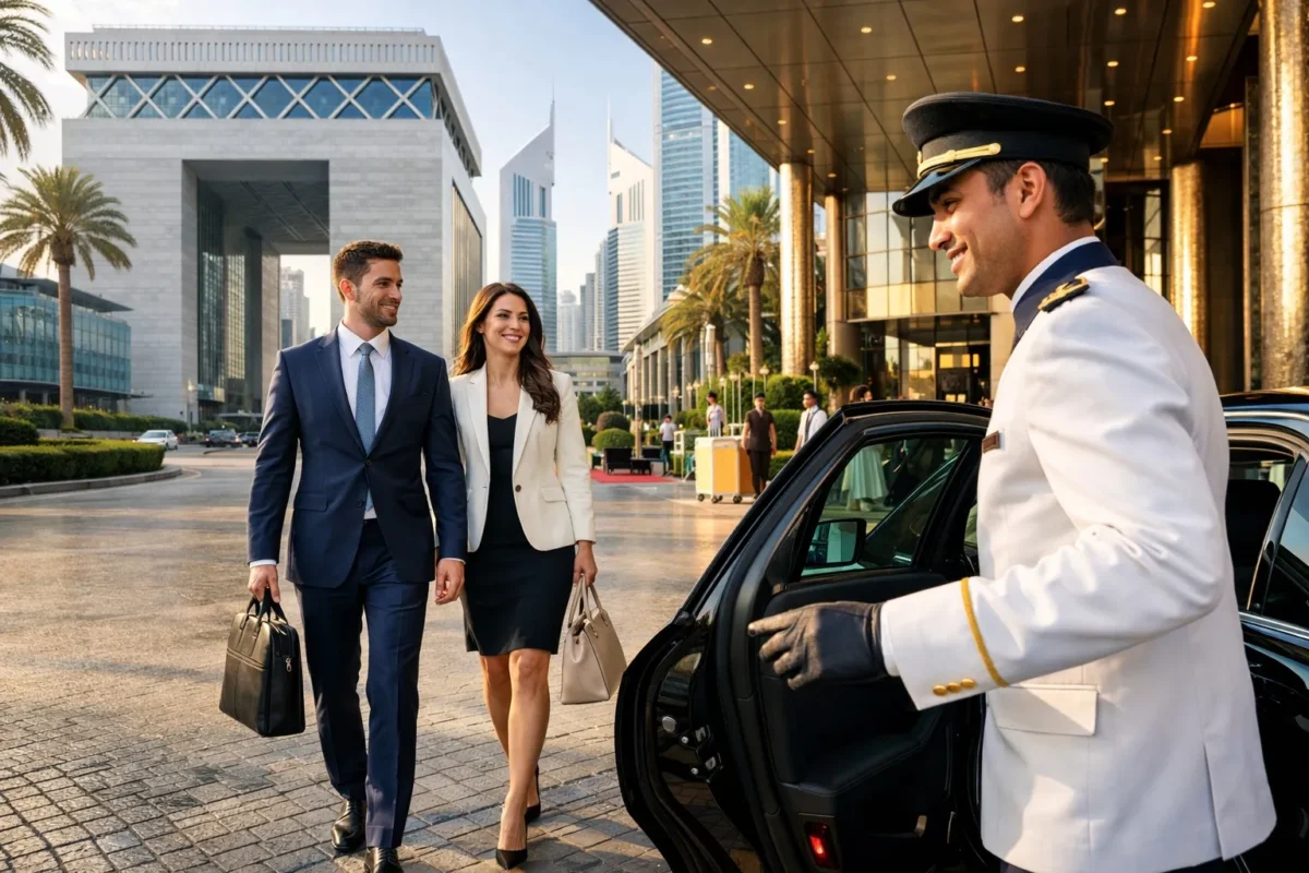 Professional chauffeur opening car door for business clients outside a modern building in Dubai with city skyline in background.