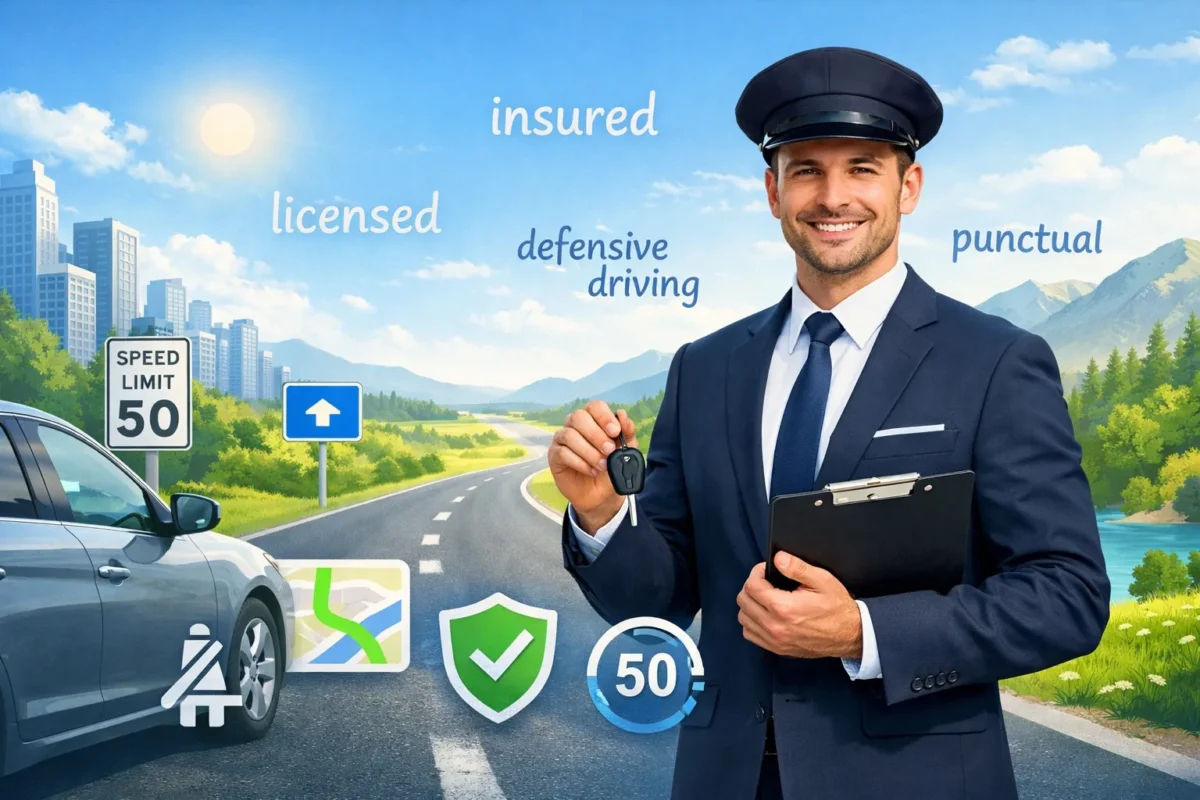 Professional driver standing beside a car holding keys and clipboard with safety icons, road signs, floating driving vocabulary terms, and a scenic city-to-nature road background.