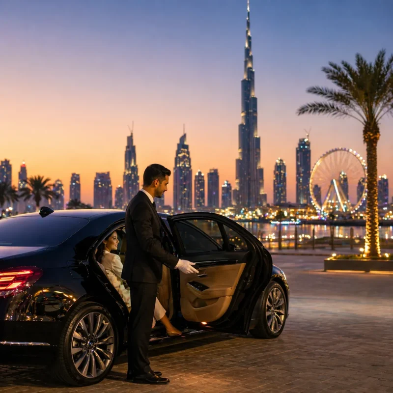 Professional chauffeur opening car door for passenger with Dubai skyline and Burj Khalifa at sunset
