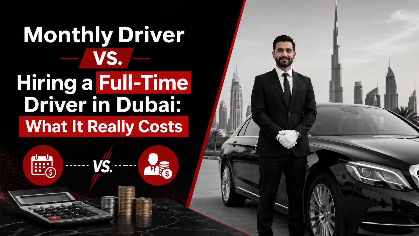 Monthly driver vs full-time driver in Dubai cost comparison with professional chauffeur, luxury car, calculator and Dubai skyline.