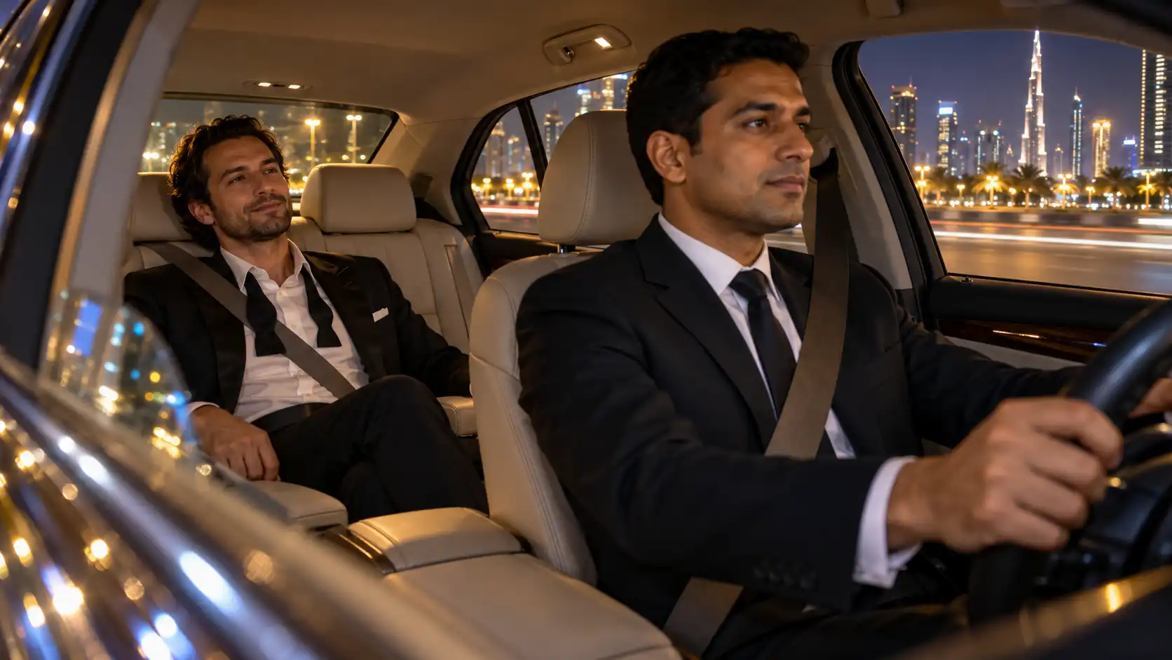 Guest riding home in their own car with a driver at night