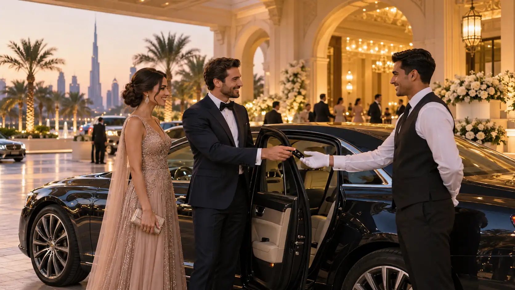 Valet driver taking a guest’s car at a Dubai wedding venue entrance